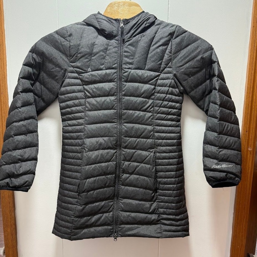 Eddie Bauer Women Gray Hooded Puffer Jacket Full Zip Down Coat Size Medium